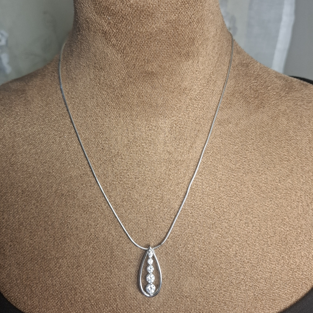 💎 Sterling Silver Teardrop Journey Necklace w CZ Diamonds on Round Snake Chain - Picture 6 of 16